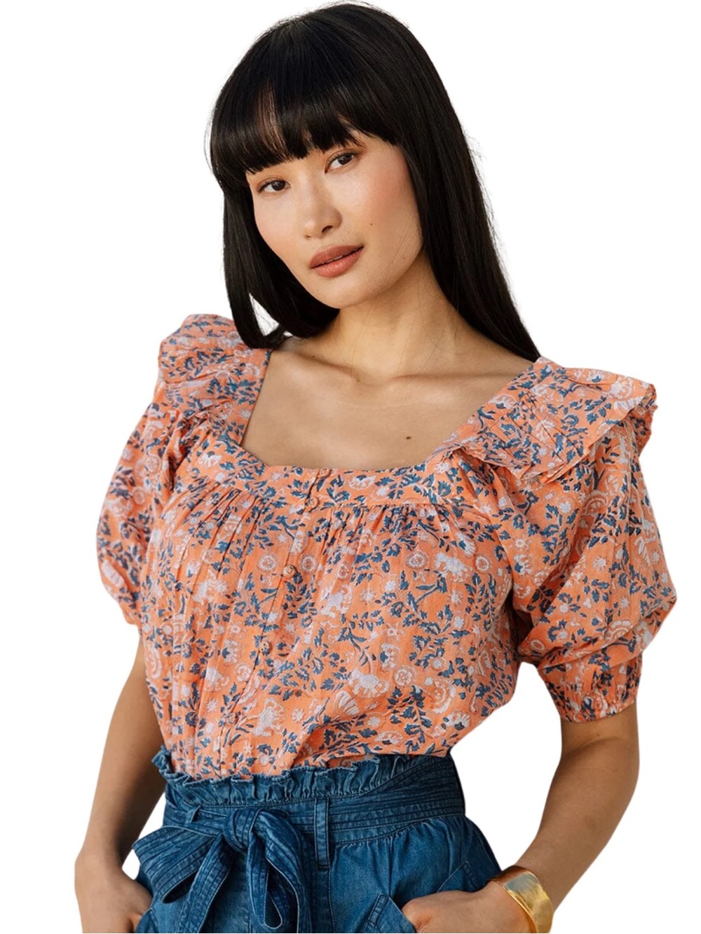 Cleobella Mariana Blouse in Positano Floral Puff Sleeve Ruffle Organic Cotton S